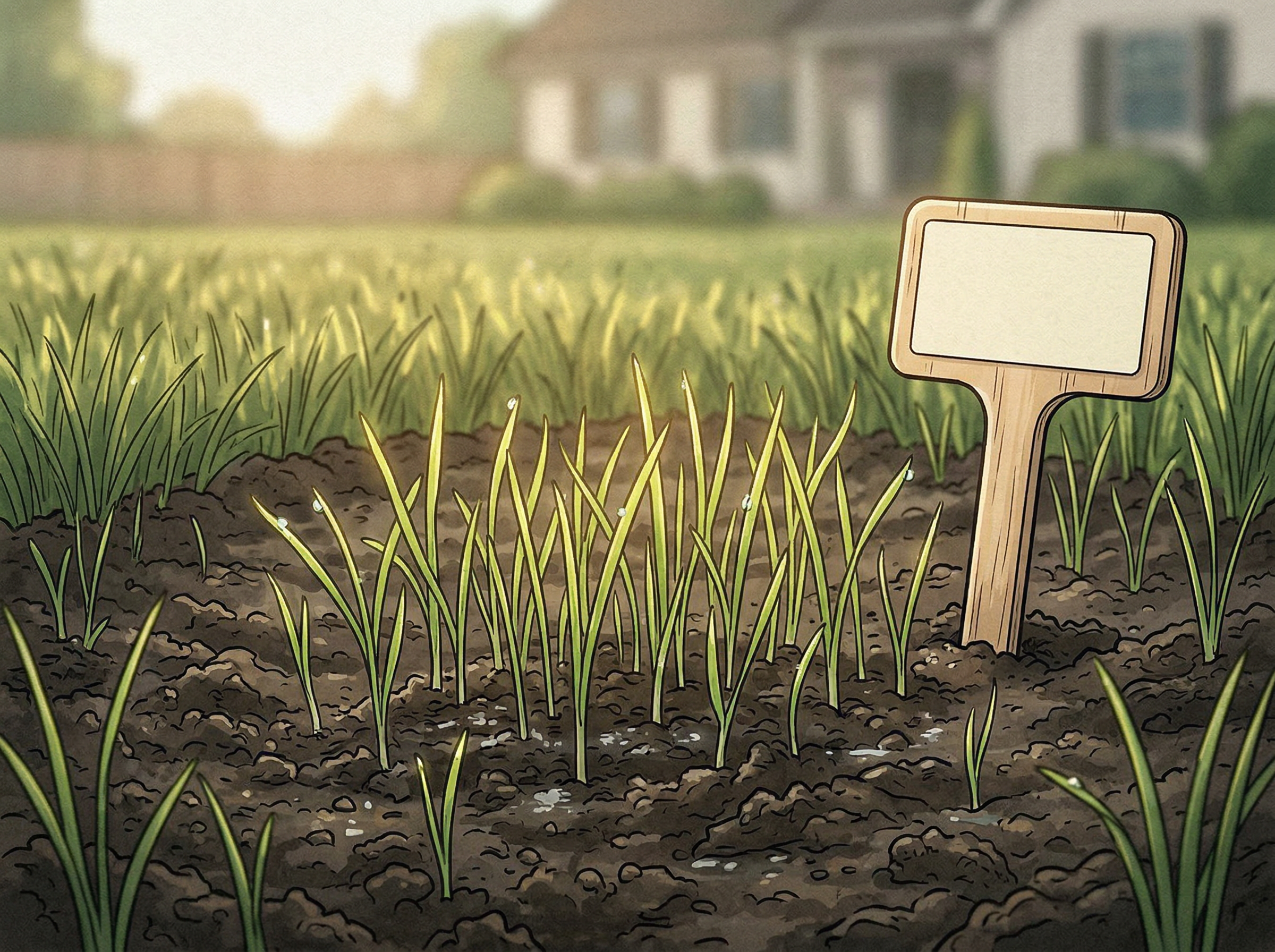 Young grass seedlings emerging from soil after pre-germinated seeding